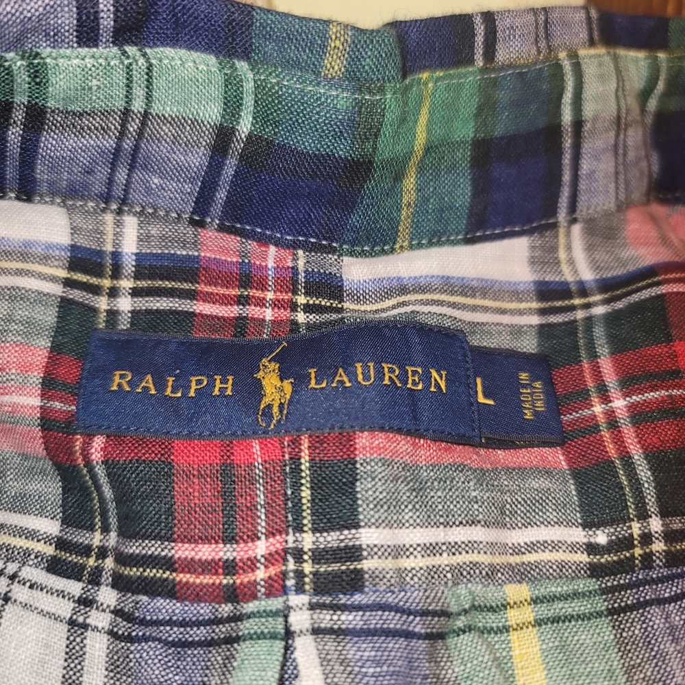 Plaid lnen blend polo button down shirt